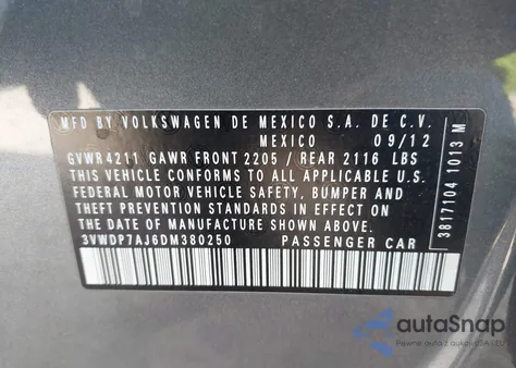 2013 Volkswagen Jetta 2.5L Se z USA, uszkodzony, nr VIN 3VWDP7AJ6DM380250